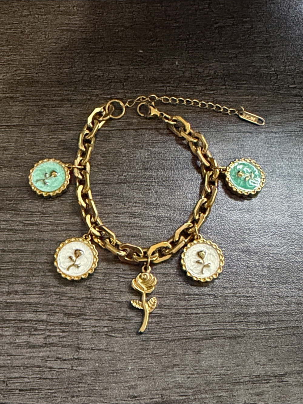 Gold, white & green Flower Charm Bracelet